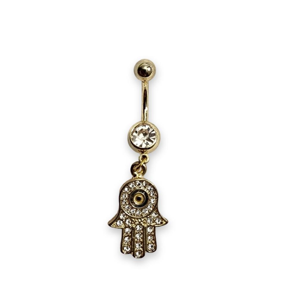 Gold Crystal Hamsa Hand Dangle Belly Ring